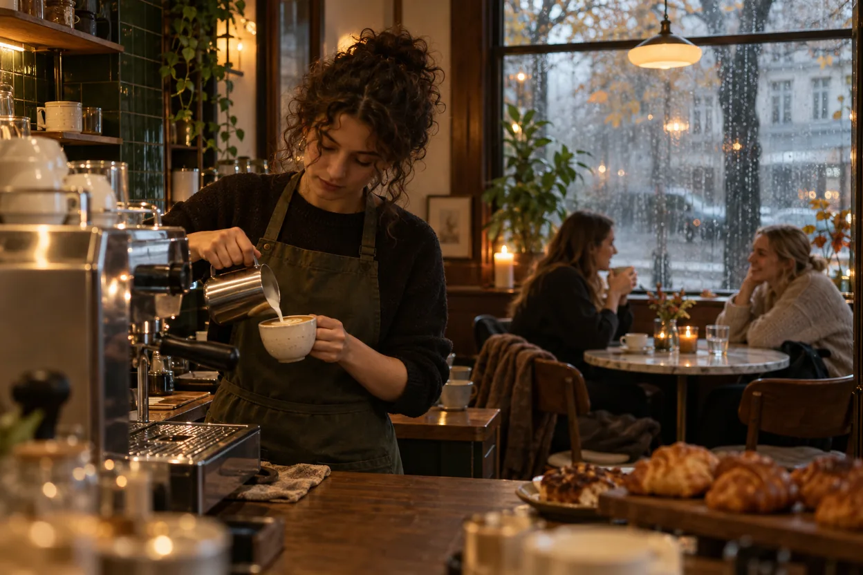 A barista pours milk at the espresso machine while two regulars chat by the window on a rainy morning