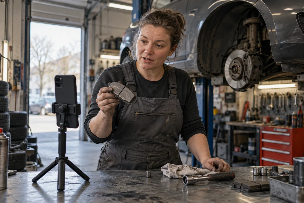A mechanic in a small independent garage holds up a worn brake pad to a phone on a tripod while recording a short video, with a car on the lift behind