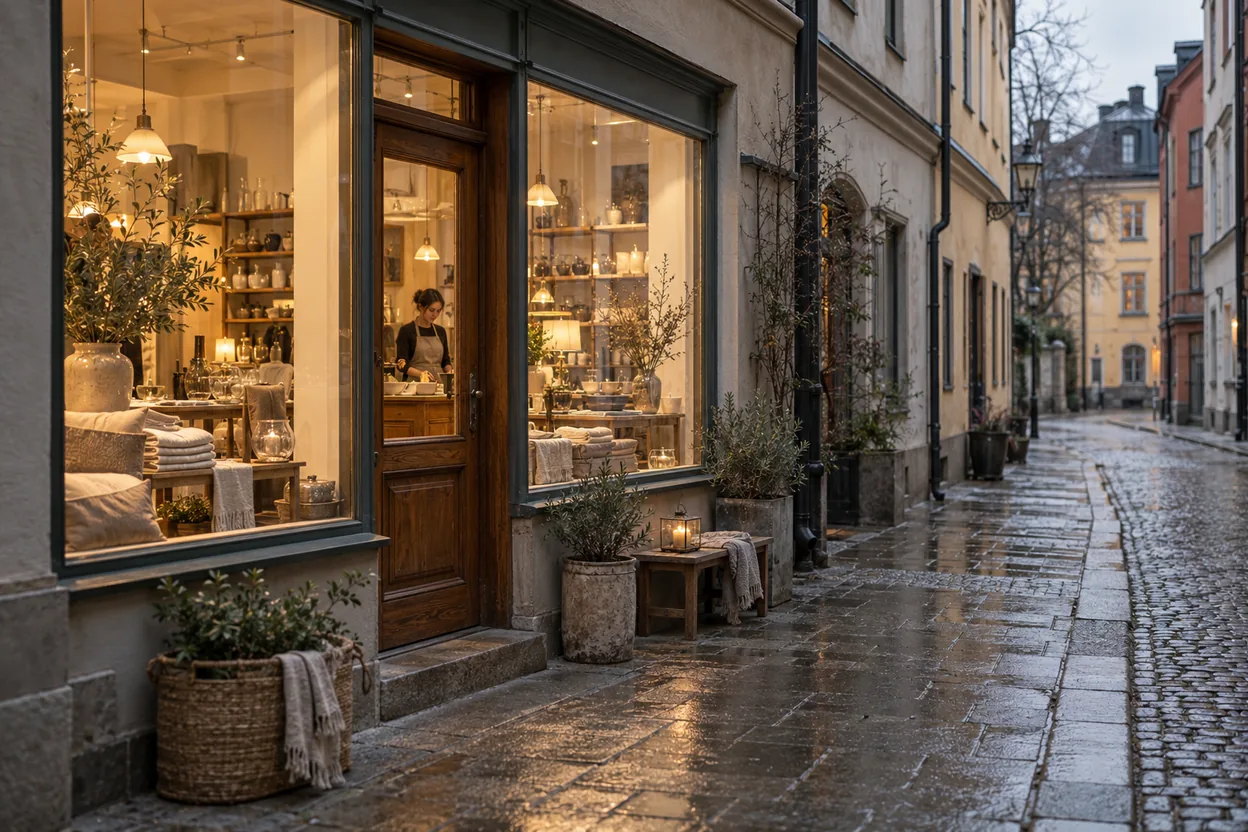 En välskött butik med upplyst fönster ligger på en tom sidogata där ingen går förbi, som en hemsida som finns men inte blir hittad