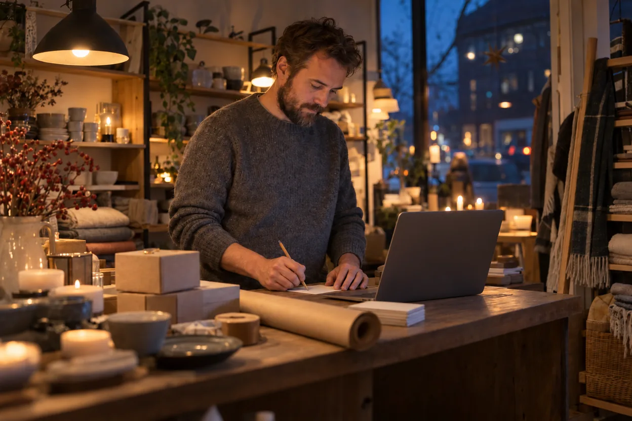 Ägaren till en presentbutik förbereder Black Friday en mörk novemberkväll och skriver prislappar vid disken, med en bärbar dator, kartonger och en rulle omslagspapper bredvid