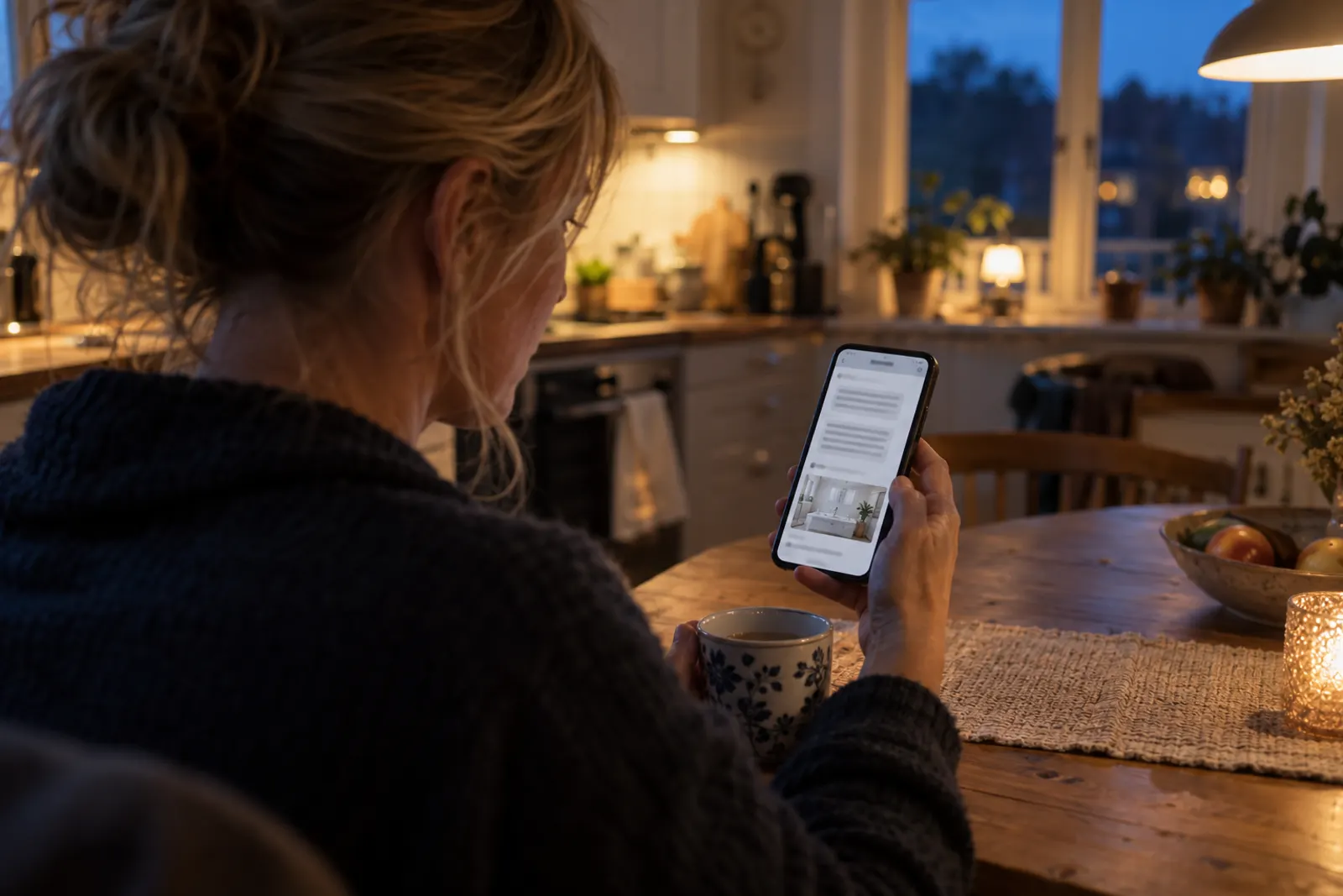 Kvinna läser ett svar i en AI-chatt i mobilen vid köksbordet en kväll, med ett annonskort under svaret, sett över hennes axel