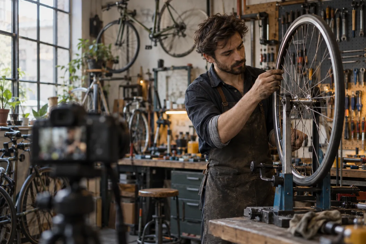 A bicycle mechanic trues a wheel in his workshop while a camera on a tripod in the foreground takes real photos of the business for the homepage