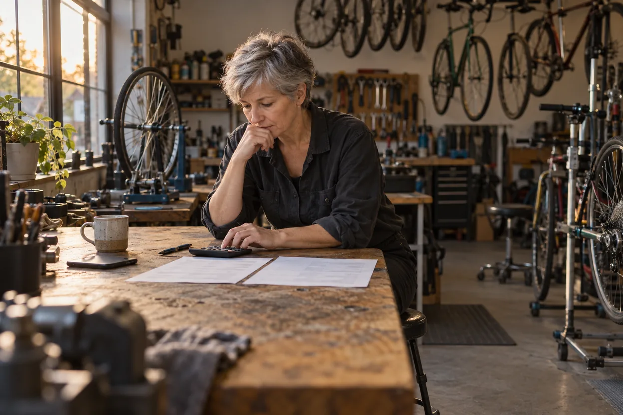 The owner of a bicycle workshop at the workbench after closing, comparing two quotes with a calculator