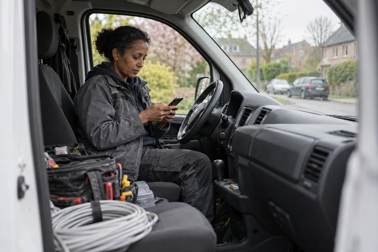 An electrician sits in her van after finishing a job and sends the customer a short text message asking for a Google review