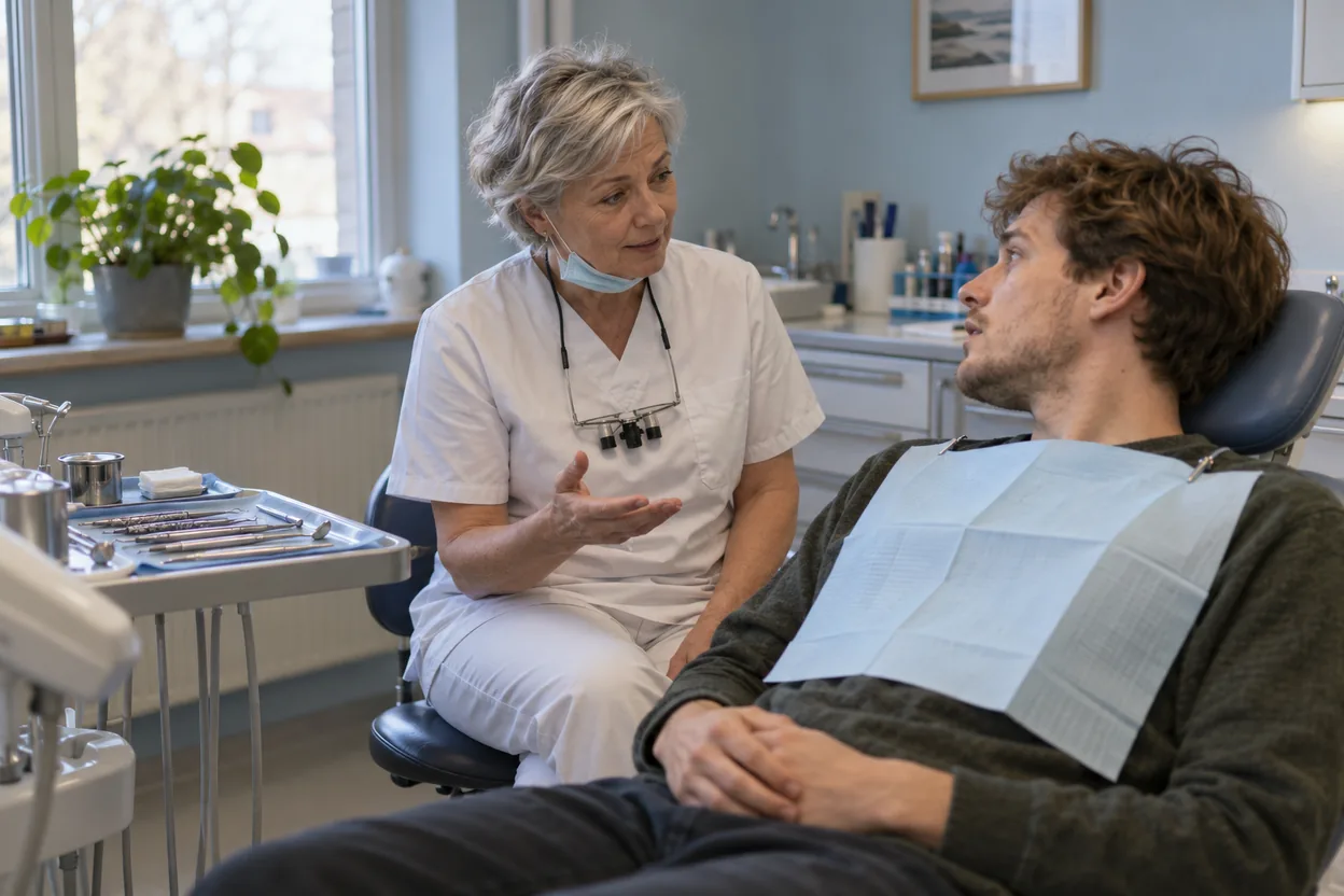 En erfaren tandläkare lugnar en nervös patient i behandlingsstolen, den sortens kvalitet som inte syns online utan synlighetsarbete