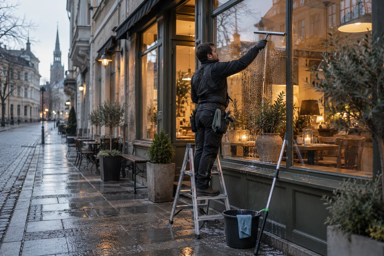 En fönsterputsare på en stege drar skrapan över ett kafés stora fönster en tidig morgon, med hink och skaft vid stegen