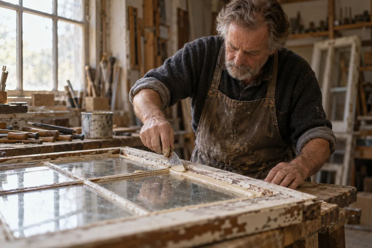 A craftsman re-putties an old window sash in his workshop, a specialist in older buildings and an example of a narrow niche that wins on clarity.