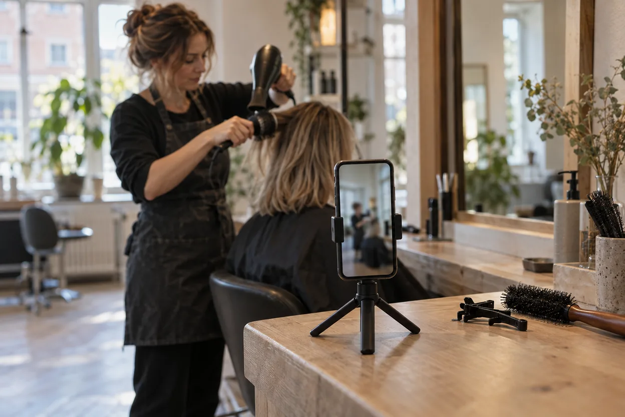 A hairdresser blow-dries a client's shoulder-length hair in a bright salon while a phone on a stand in the foreground films the work, the kind of video that suits a salon on TikTok
