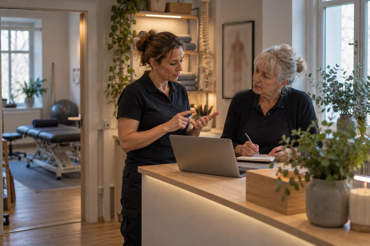 A physiotherapy clinic owner and her receptionist prioritise the two or three visibility gaps to close first against a competitor, and who does what