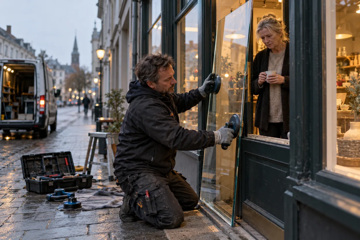 En glasmästare lyfter in en ny ruta i en butiksdörr en tidig morgon medan butiksägaren tittar på från dörröppningen