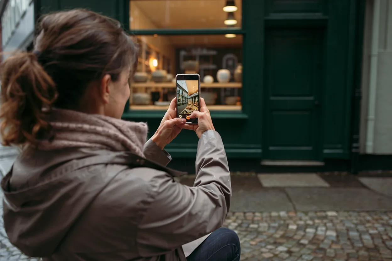 En butiksägare fotograferar sin egen butiksfasad med mobilen, till exempel till bilderna i Google-företagsprofilen
