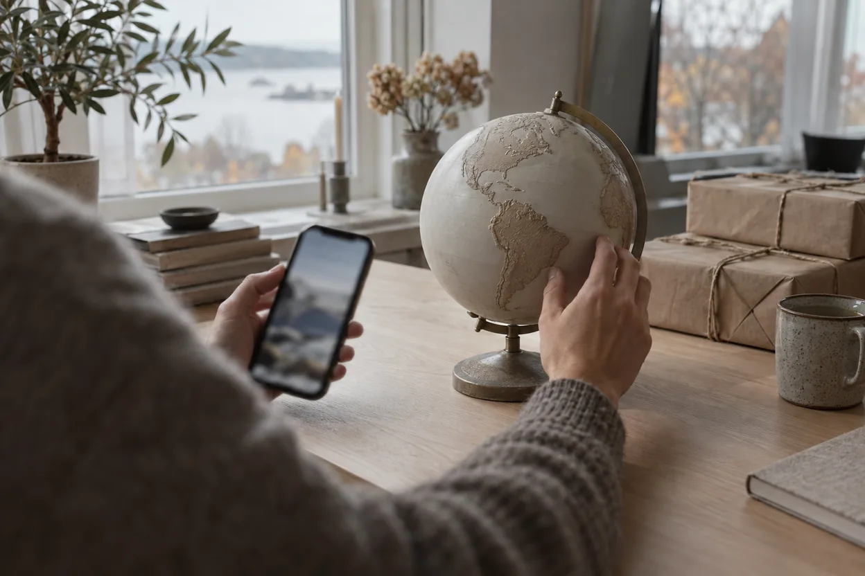 Hands holding a phone and turning a globe at a bright desk with wrapped parcels