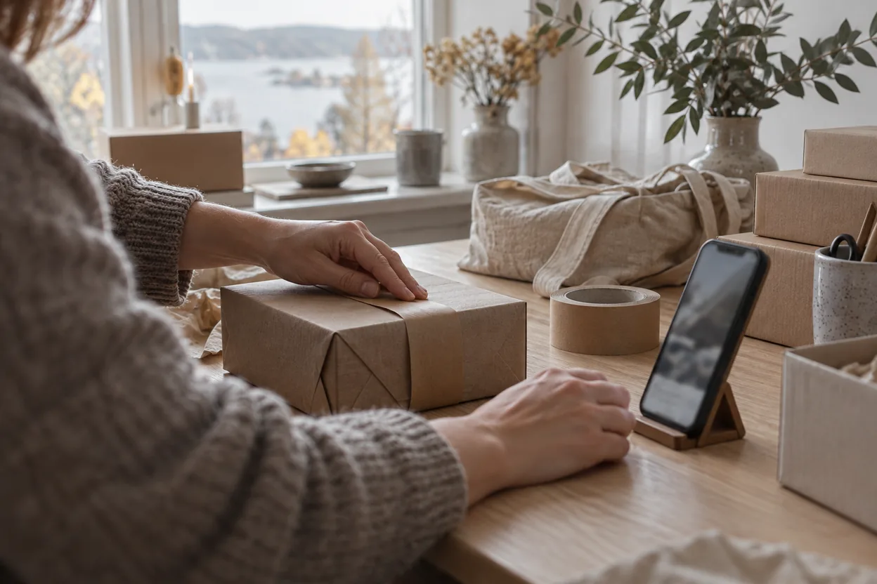 Händer packar en order i ett paket av kraftpapper vid ett ekbord, med en mobil på stativ bredvid