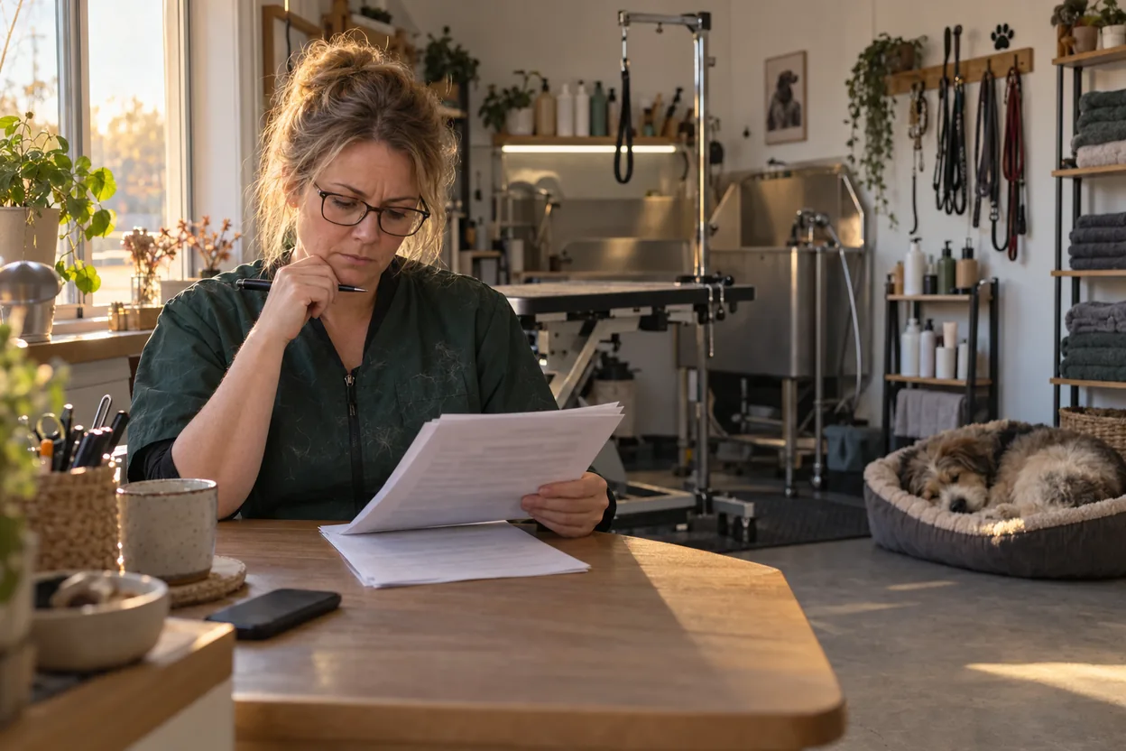 The owner of a dog grooming salon reads through a printed website contract with a pen in her hand at the reception desk, with her phone beside her and a dog asleep in a basket behind her