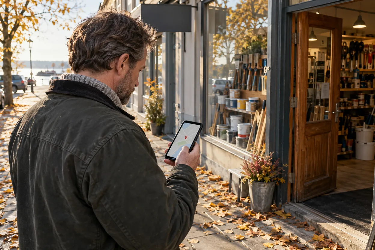 The owner of a hardware store stands on the pavement outside his shop and checks the shop's location on a map on his phone, seen over his shoulder