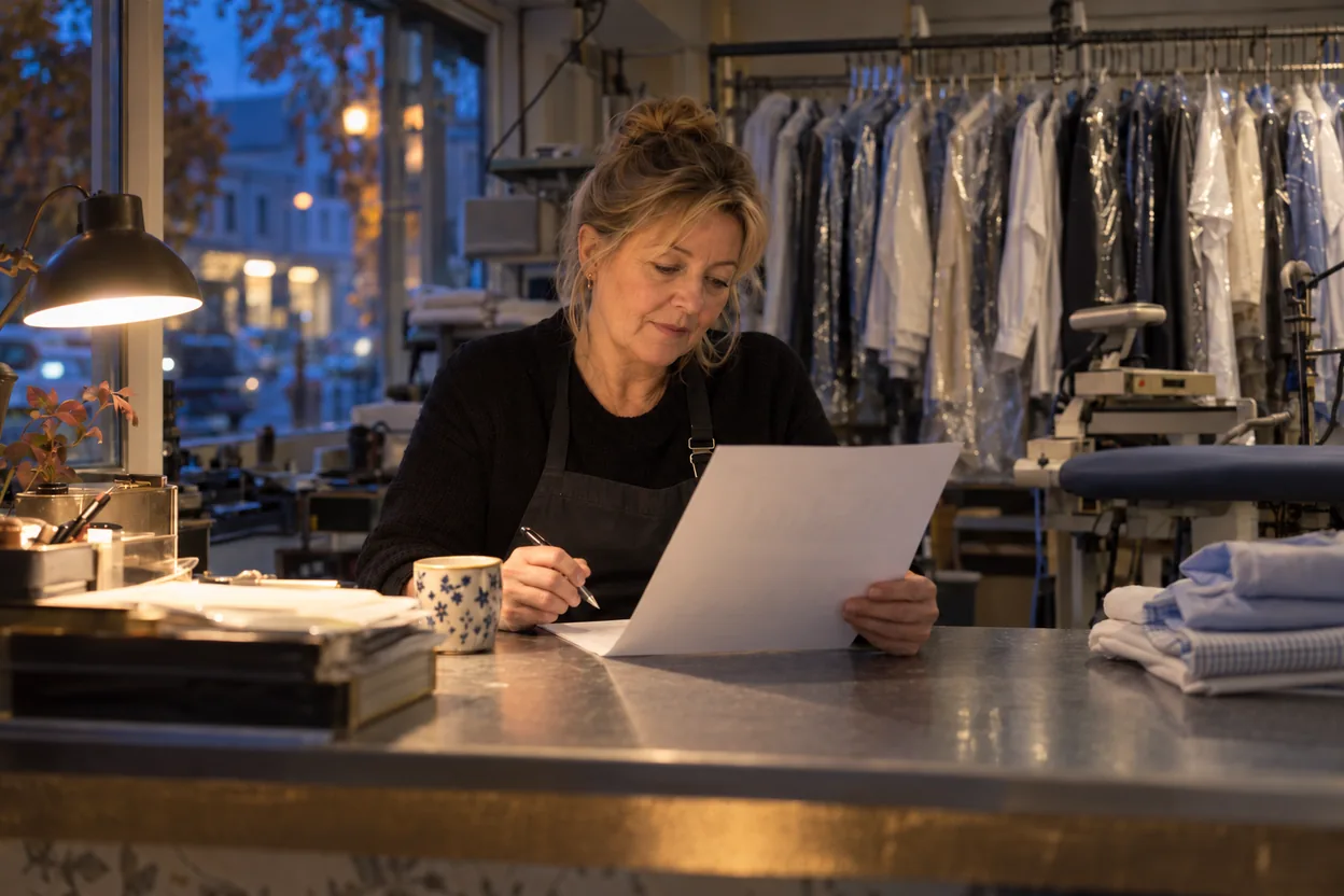 Ägaren till en kemtvätt läser en utskriven månadsrapport vid disken efter stängning, med en kopp kaffe bredvid och plastskyddade plagg på stången bakom henne