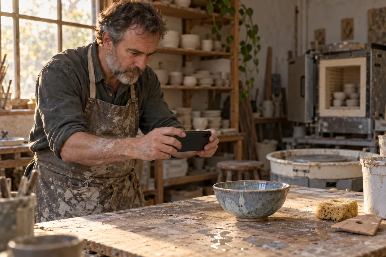 A ceramicist in the workshop photographs a freshly glazed bowl with a phone at the workbench, the business's own material for its Instagram