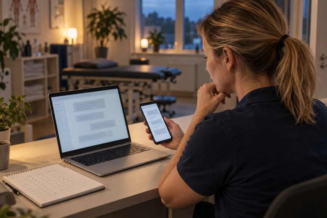 The owner of a physiotherapy clinic compares answers from AI services on her laptop and phone after closing time and logs the results in a table in her notebook