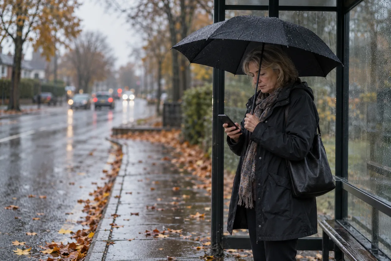 A woman at a bus stop holds an umbrella in one hand and uses her phone with her thumb, the way many people visit a local business website
