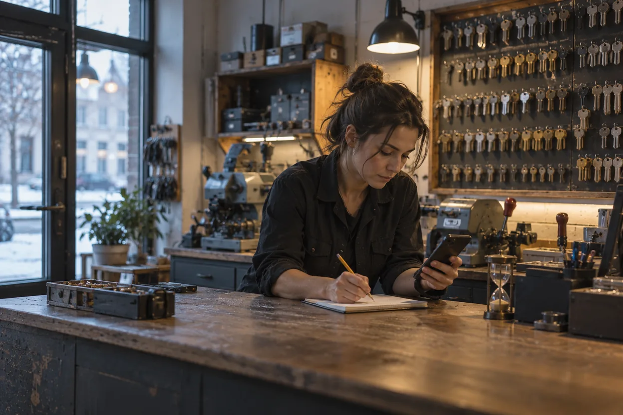 A locksmith checks competitors' profiles on her phone before opening, with a sand timer and a checklist for a quick, structured review