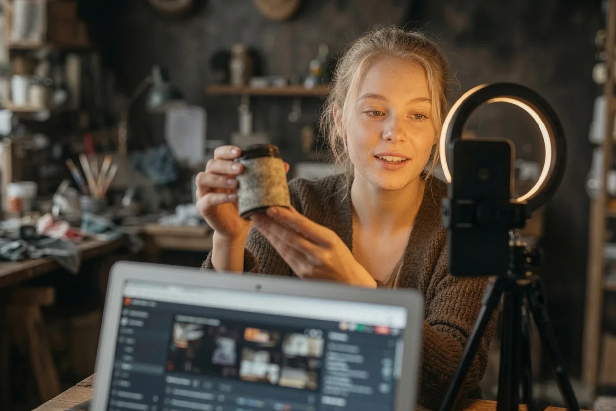 Live selling ahead of TikTok Shop: a host presents a product in a live stream with a ring light and a phone on a tripod