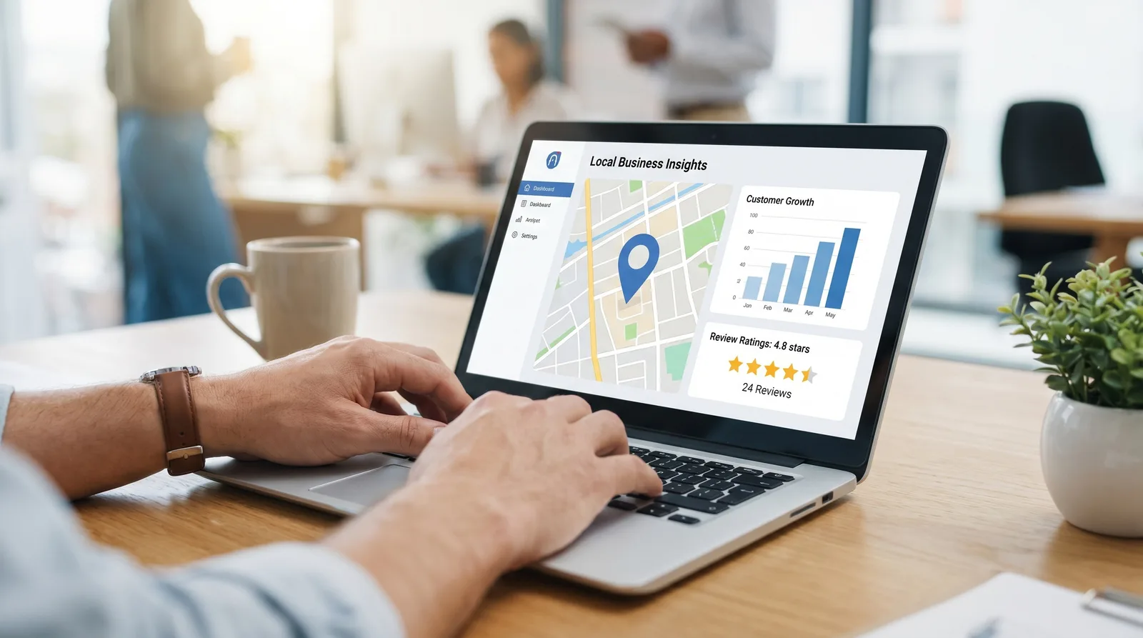 Dashboard with a map, customer growth and reviews for a local business