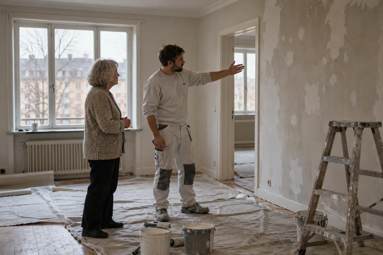 A painter talks an older homeowner through the job in an empty living room, where the price depends on the scope and needs explaining