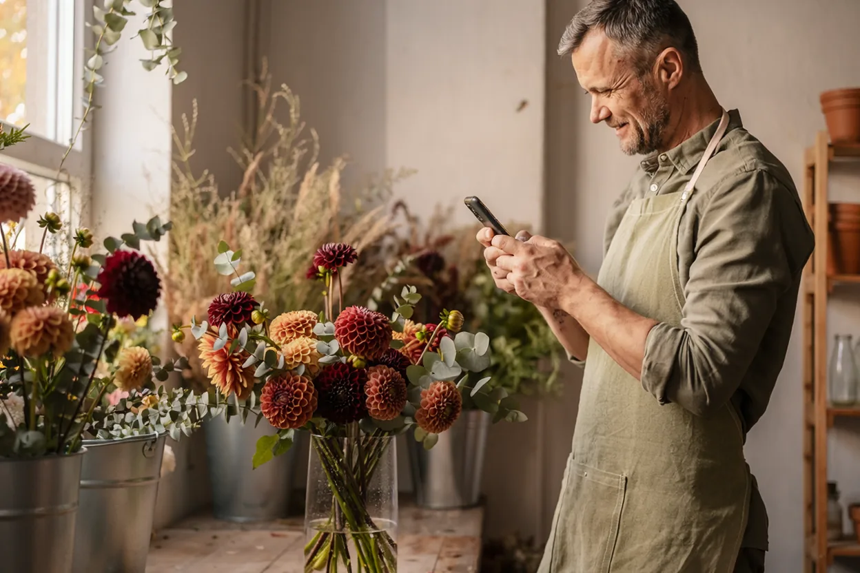 A florist in his flower shop looks at his phone next to a freshly tied bouquet of dahlias and eucalyptus