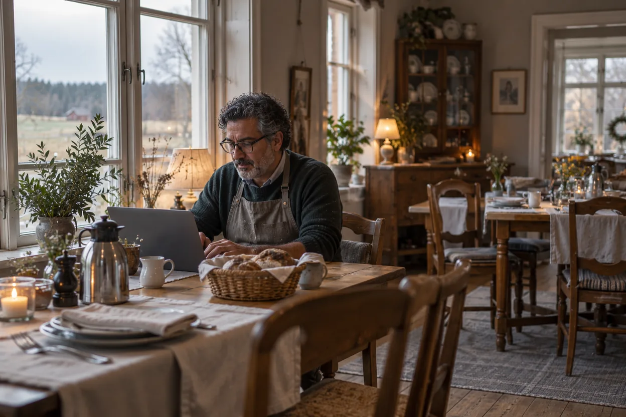 The owner of a small guesthouse writes a personal reply to a guest's Google review in the breakfast room before the guests are up