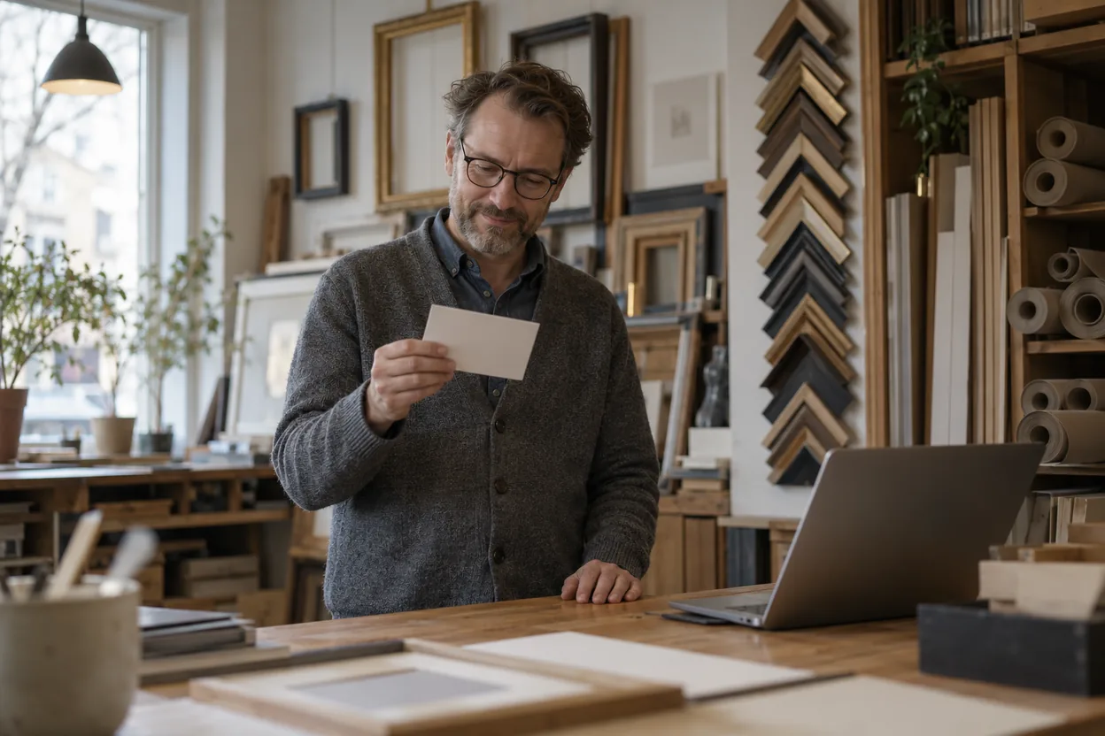 The owner of a framing shop reads a postcard at the counter, as when the verification code for a Google Business Profile arrives by post