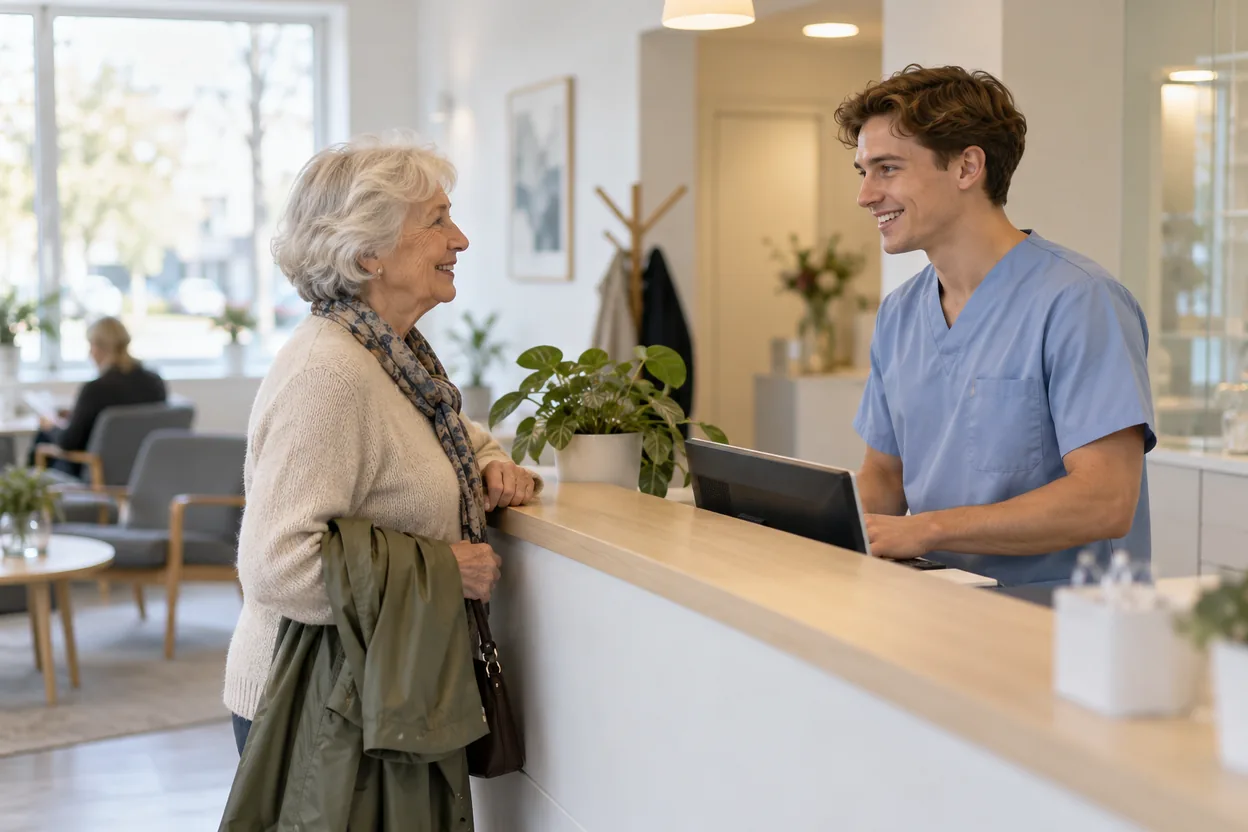 An older patient chats with the receptionist at a dental clinic after her visit, a natural moment to ask for a review
