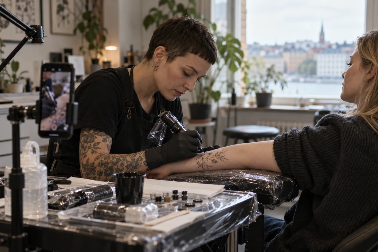 En tatuerare arbetar på en kunds underarm medan mobilen filmar processen, den sortens innehåll som visar arbetet och bygger förtroende i sociala medier