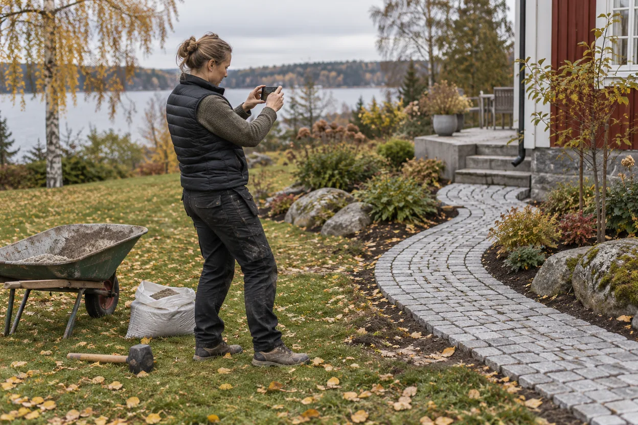 A landscaper photographs a newly laid stone path on her phone, real proof of finished work for the case and photo layer of the trust stack