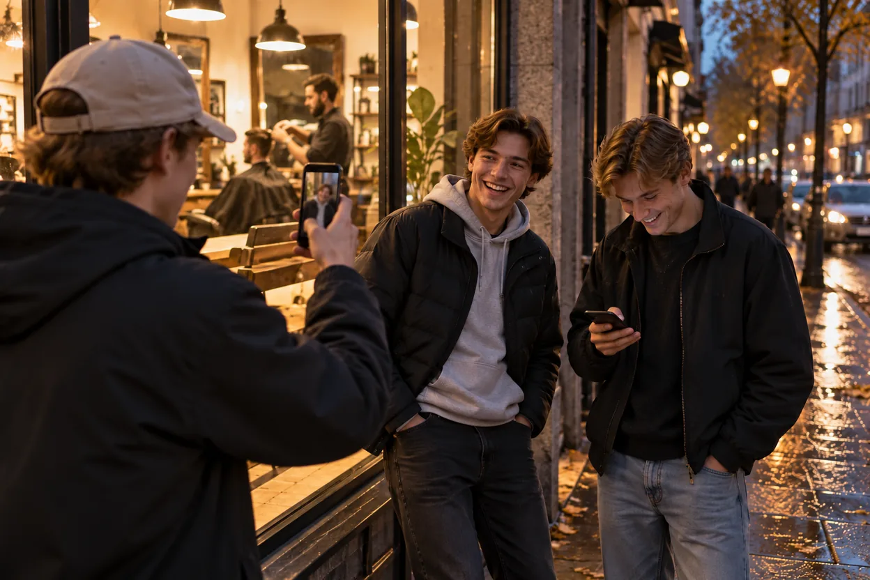 Tre unga vänner utanför en barbershop en höstkväll, där en filmar en kort video med mobilen medan de andra skrattar och tittar i sina telefoner