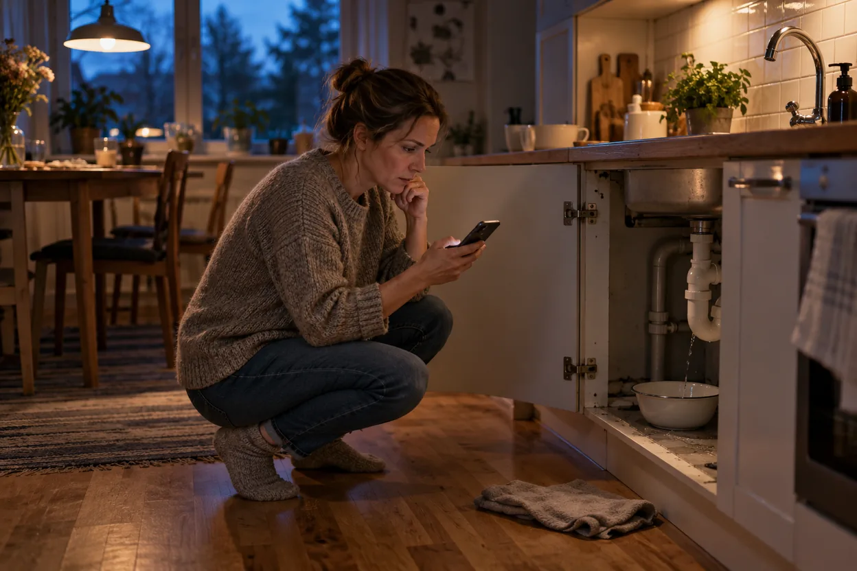 En kvinna på huk framför ett droppande diskbänksskåp söker hjälp på mobilen en vardagskväll, där kundens väg till kontakt börjar.