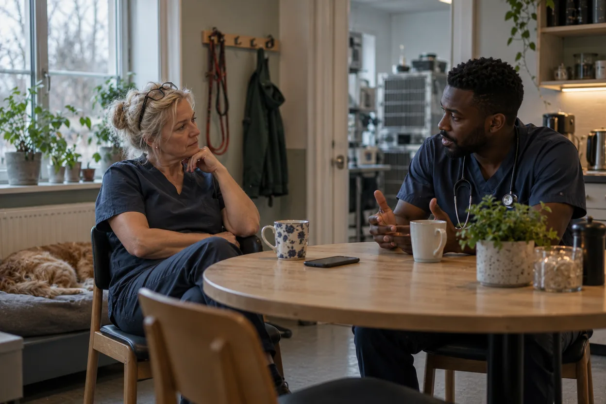 A vet clinic owner and a colleague calmly talk through how to reply to a negative review in the staff room, the phone face down on the table